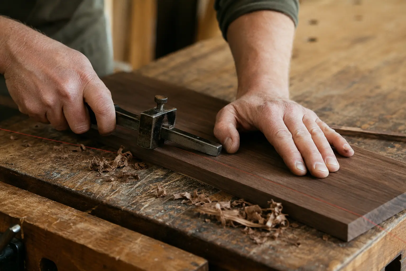 A maker's hands using a steel marking gauge to score a precise line into dark walnut on a worn bench