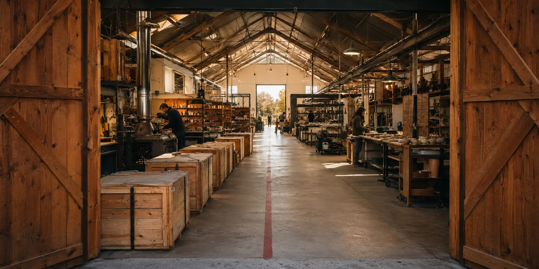 An open cooperative fabrication workshop with wood, metal, ceramics, packing stations, and orderly crates along a central aisle